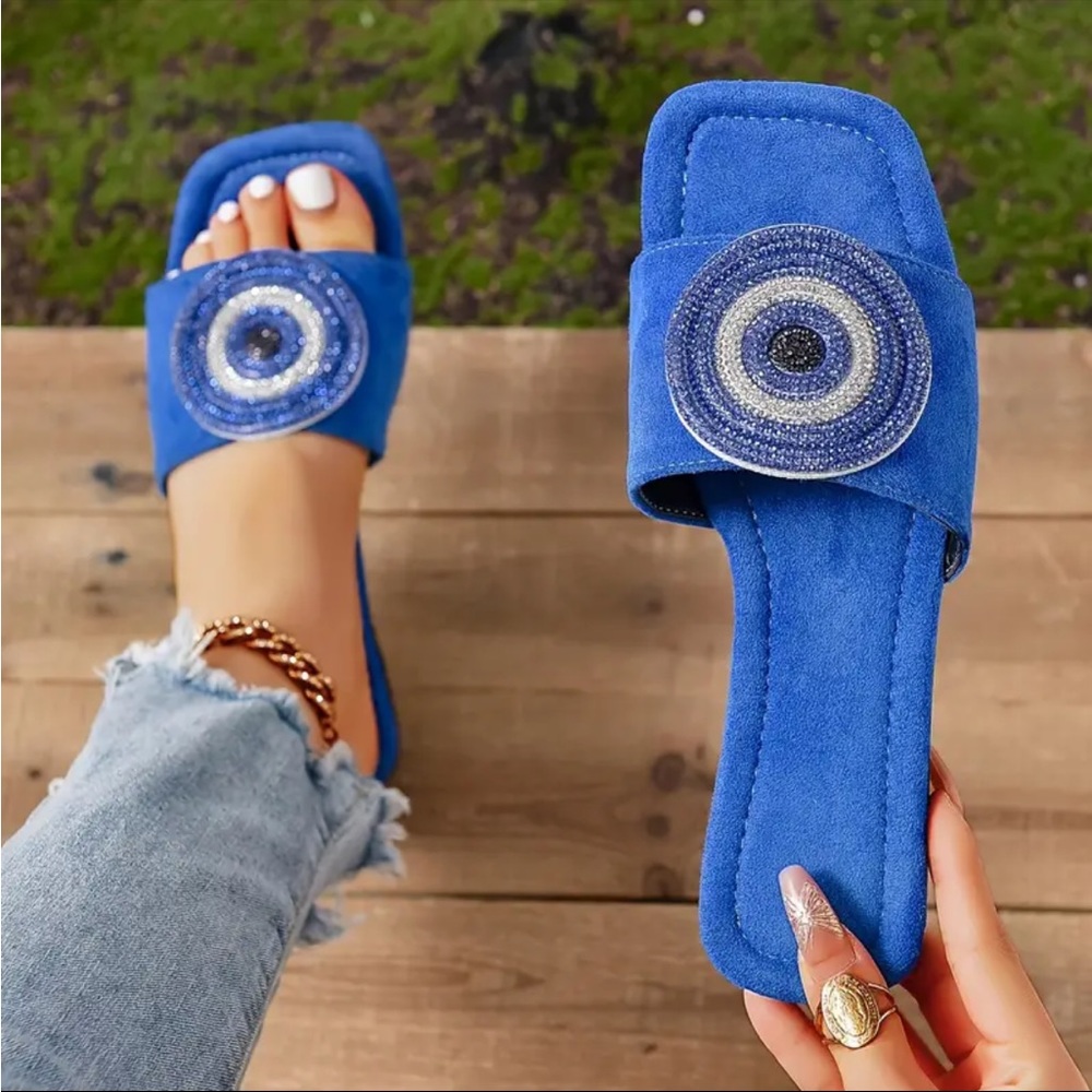 NEW IN BOX 🔥 EVIL EYE SLIDES FREE ANKLET 18K GOLD PLATED  7 OPEN TOE COMY BLUE - Picture 9 of 10